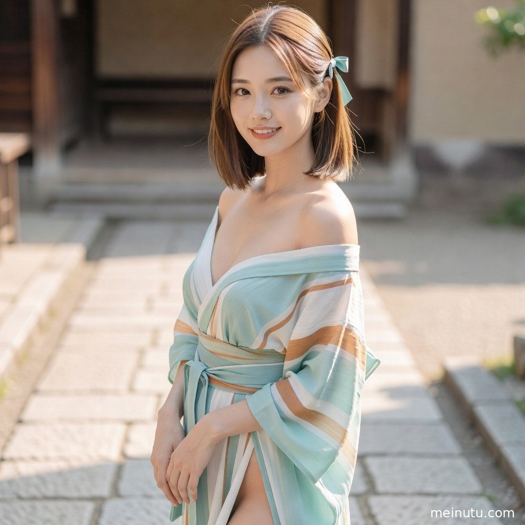 俯拍视角记录和服美女坐在木质廊道旁，樱花花瓣铺满庭院。
