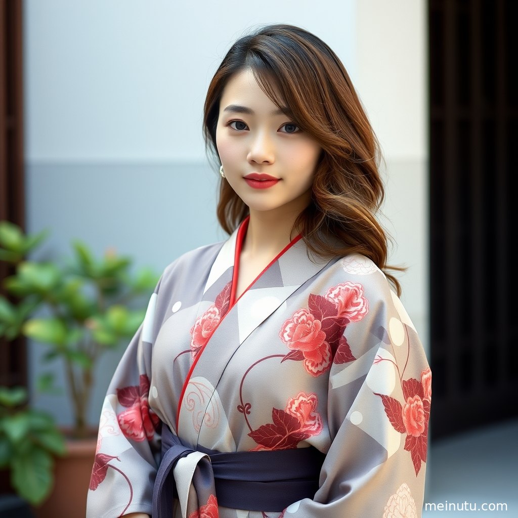 A full-body kimono portrait of an adult woman framed by soft cherry blossoms and sunset glow.
