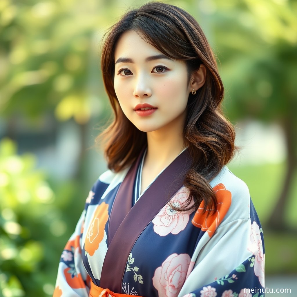 A side-view image of an adult woman in an elegant floral kimono, outlined by gentle warm light.