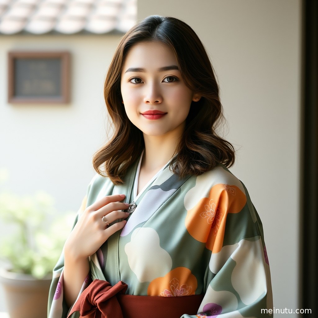 An adult asian woman wearing a traditional kimono stands quietly beneath blooming sakura trees at dusk.