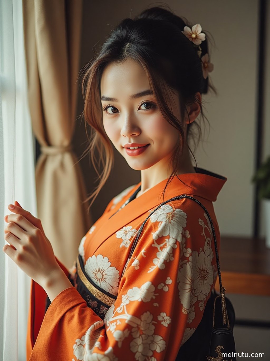 Full-body portrait of an adult woman in a delicate kimono, seen from behind and bathed in golden evening light beneath blooming cherry trees.
