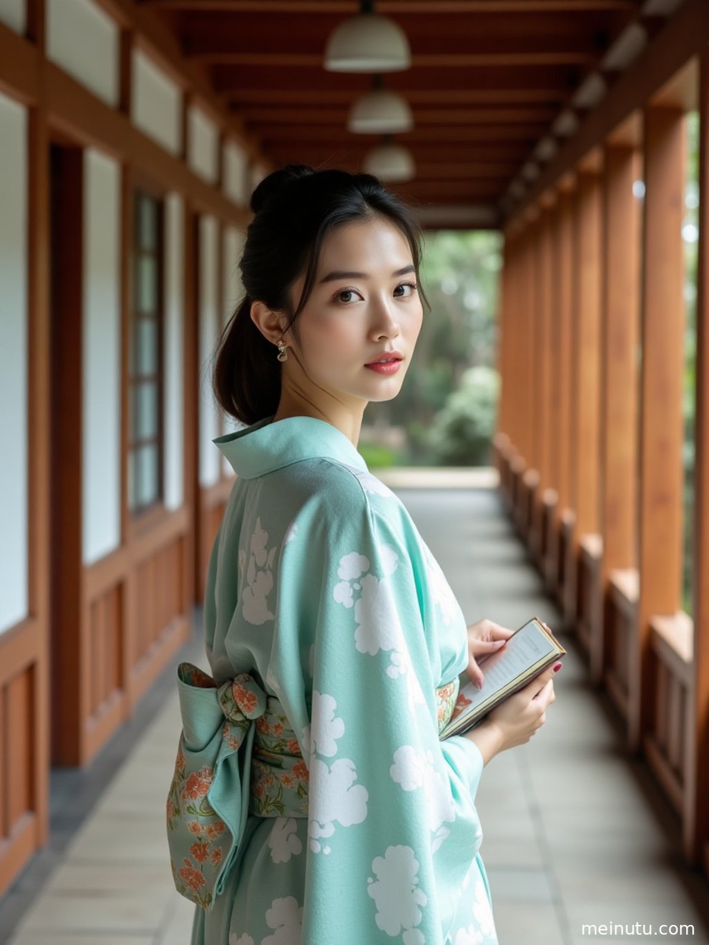 Side-view kimono girl portrait featuring an adult Asian model standing under sakura branches, with soft amber light outlining her silhouette.