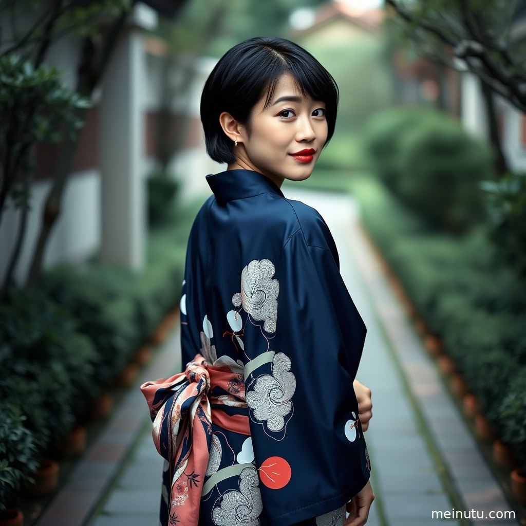 An adult asian woman in an elegant yukata stands quietly in soft morning light, showing the delicate texture of the kimono fabric.
