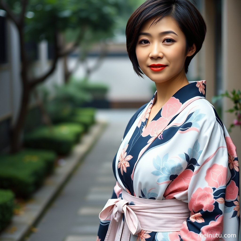 Full-body yukata portrait of an adult woman, softly lit by cloudy morning light for a graceful kimono beauty atmosphere.