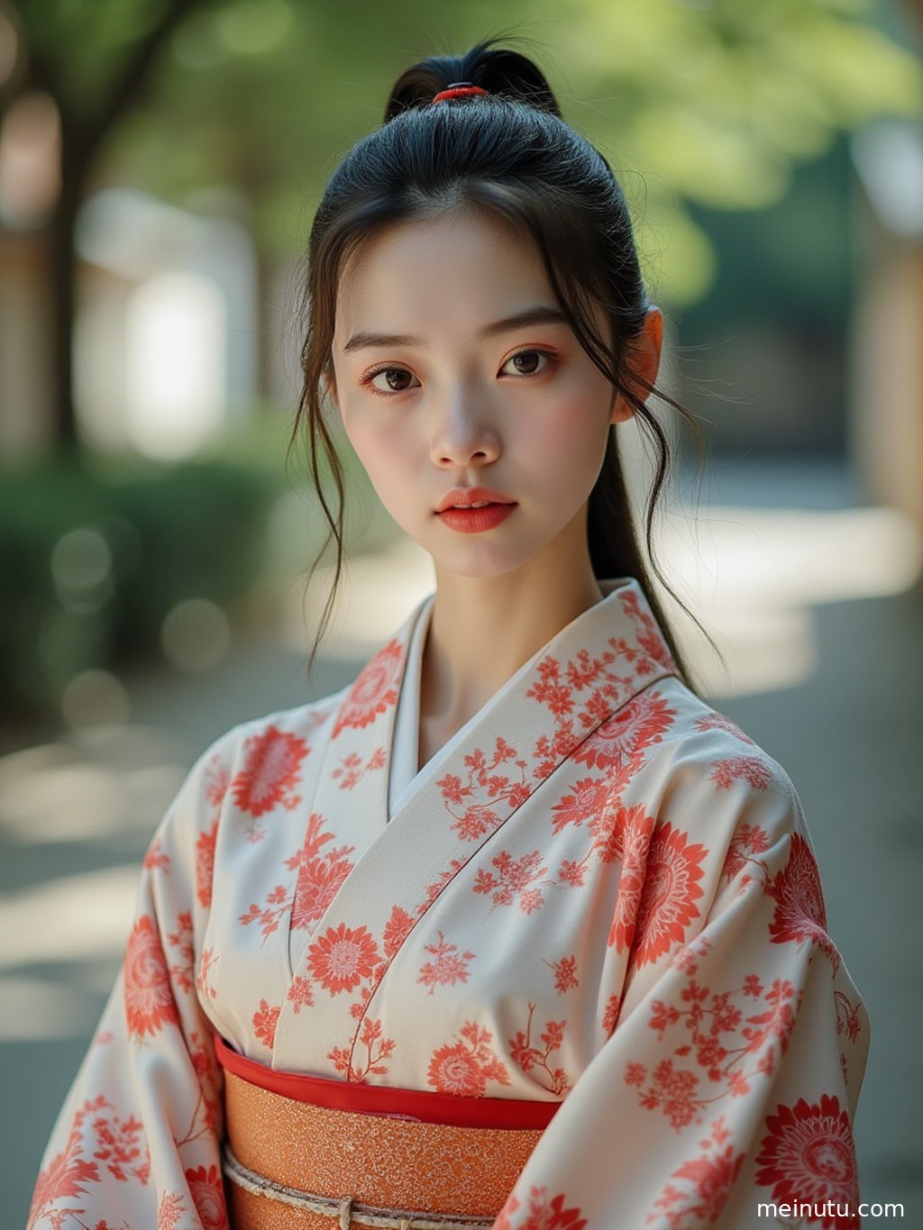 Adult Asian woman wearing a graceful summer yukata by the seaside, photographed as a natural light half-body portrait.