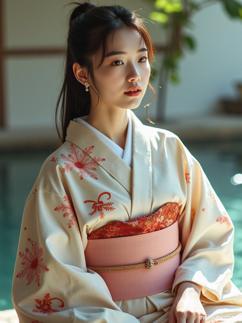 Elegant yukata women portrait on a sunny beach, with soft sea breeze, refined fabric details, and a calm coastal mood.
