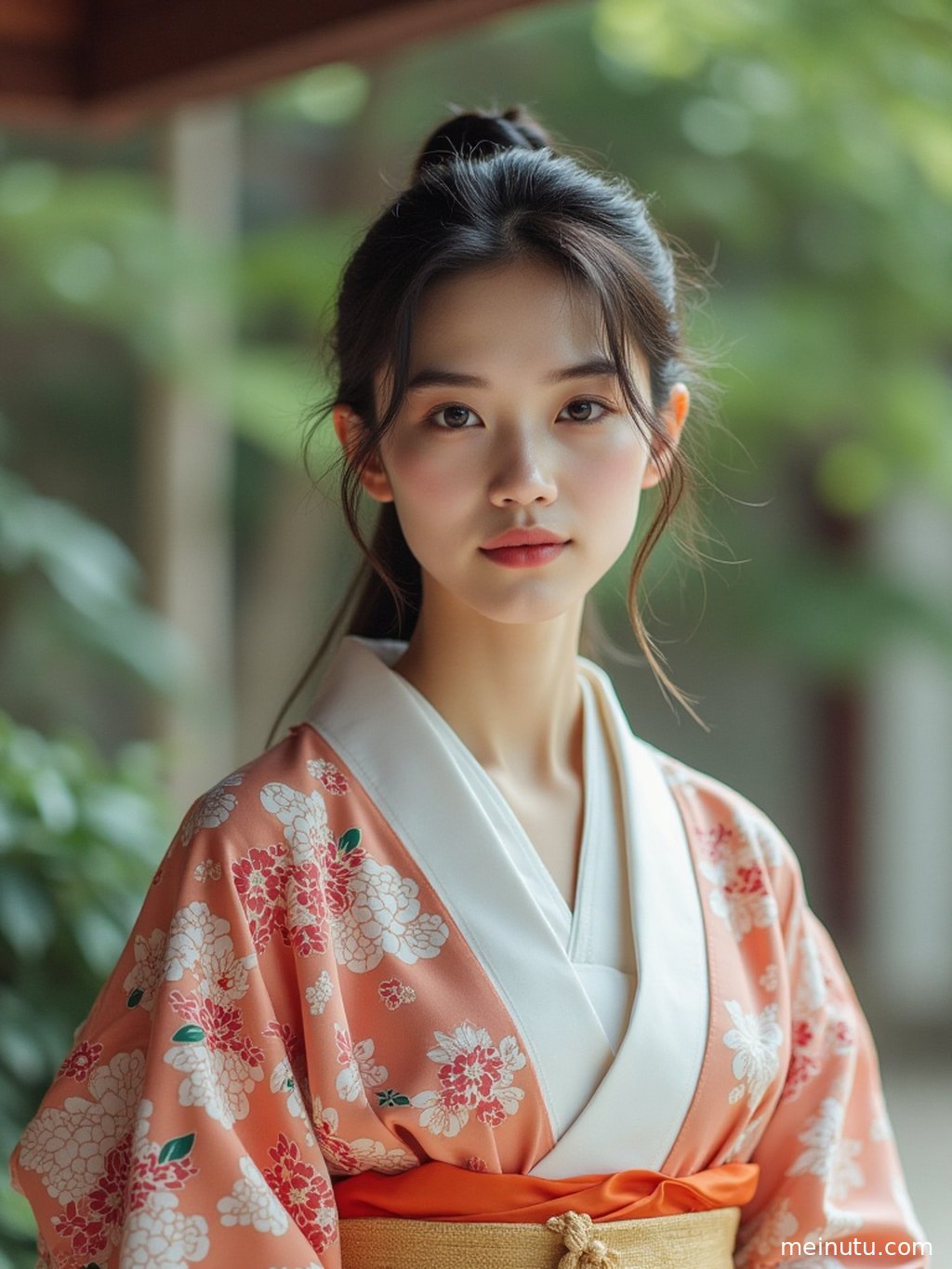 Close half-body portrait focusing on yukata patterns and serene expression, with the ocean softly blurred in the background.