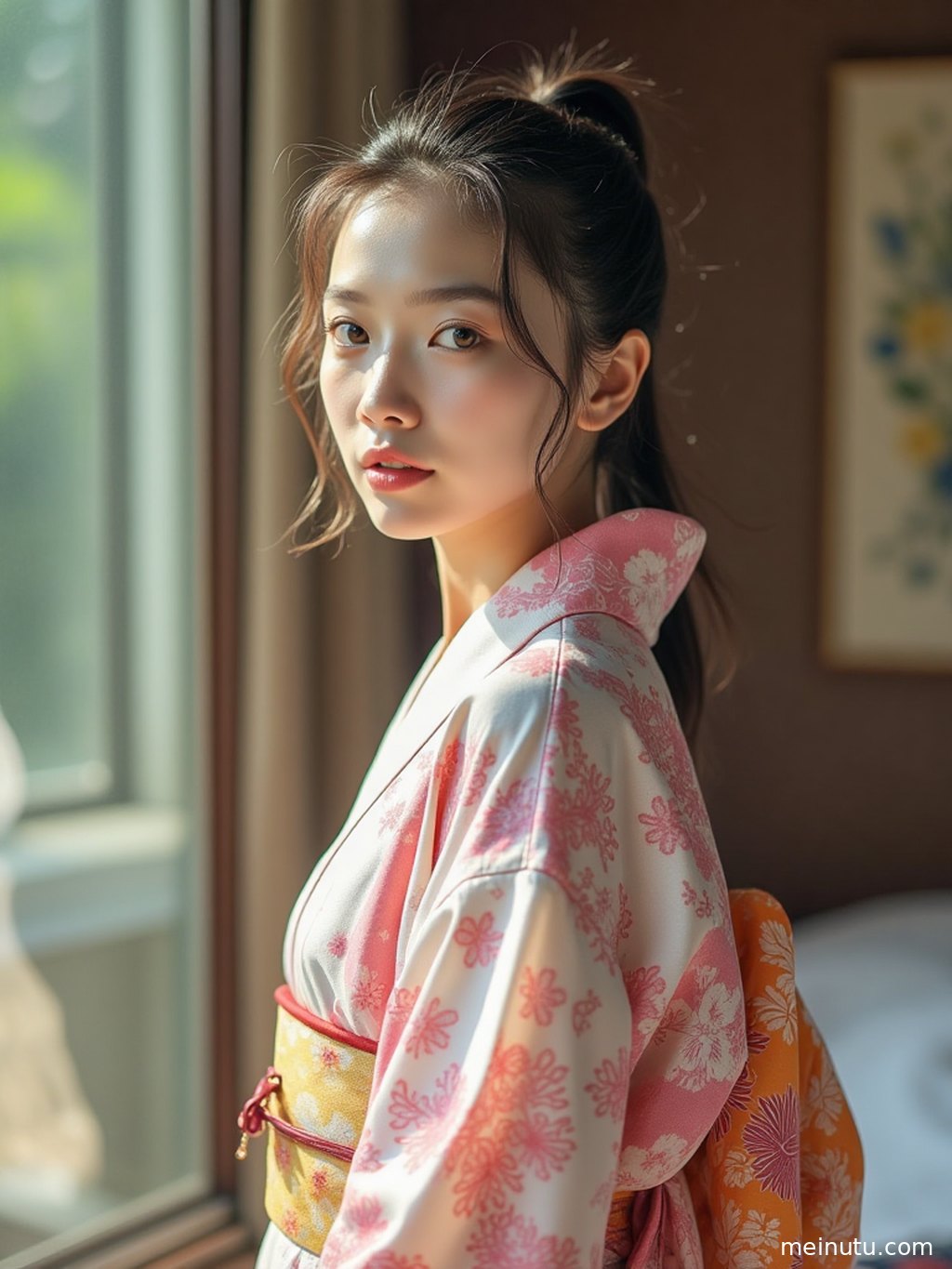 Japanese-inspired seaside portrait wallpaper of an adult Asian woman in a summer yukata under warm natural light.