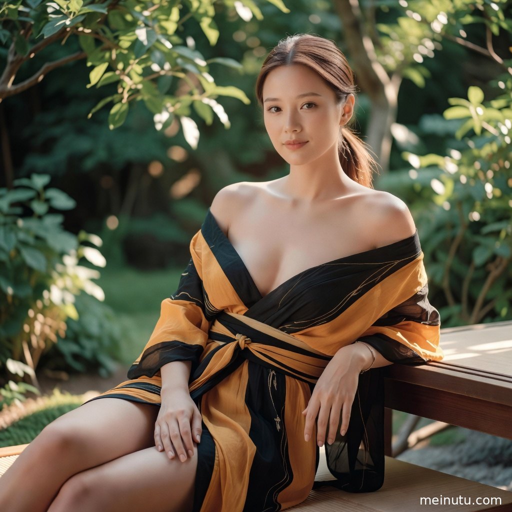 俯拍视角记录浴衣女性站在绿植花径间，夏日光影让画面更显温柔通透。