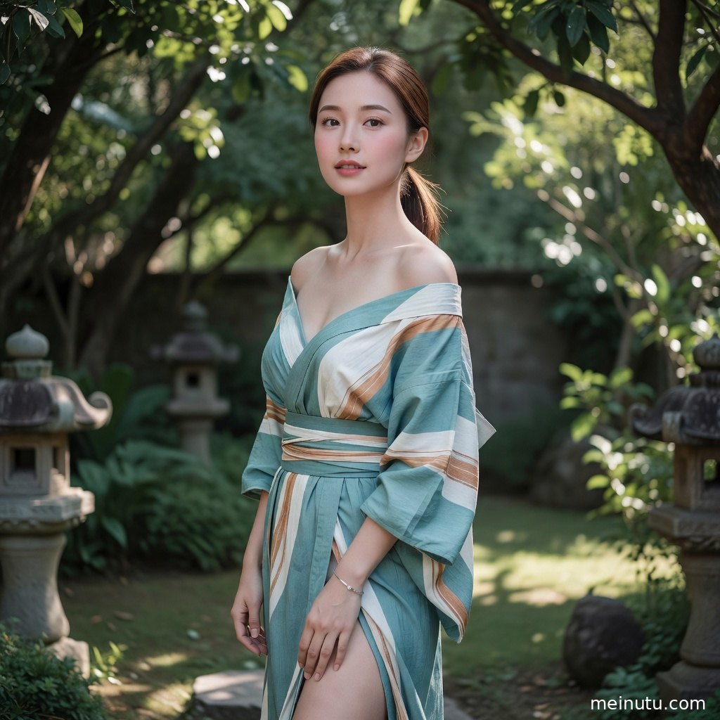 柔和逆光洒在浴衣纹理与发饰上，花园背景营造安静雅致的和服写真感。