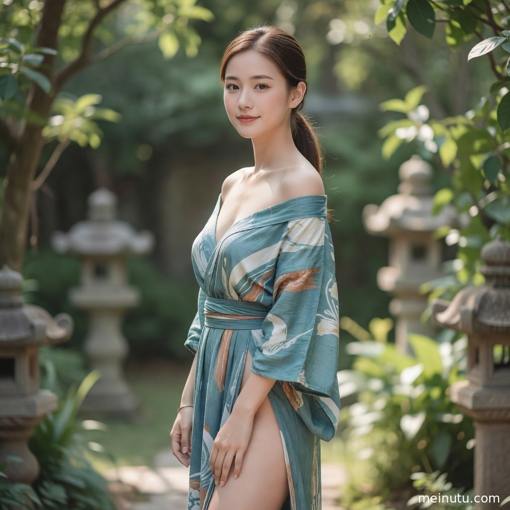 亚洲女性身着浴衣倚在庭院花丛旁，暖色光晕与自然景深形成高清壁纸画面。