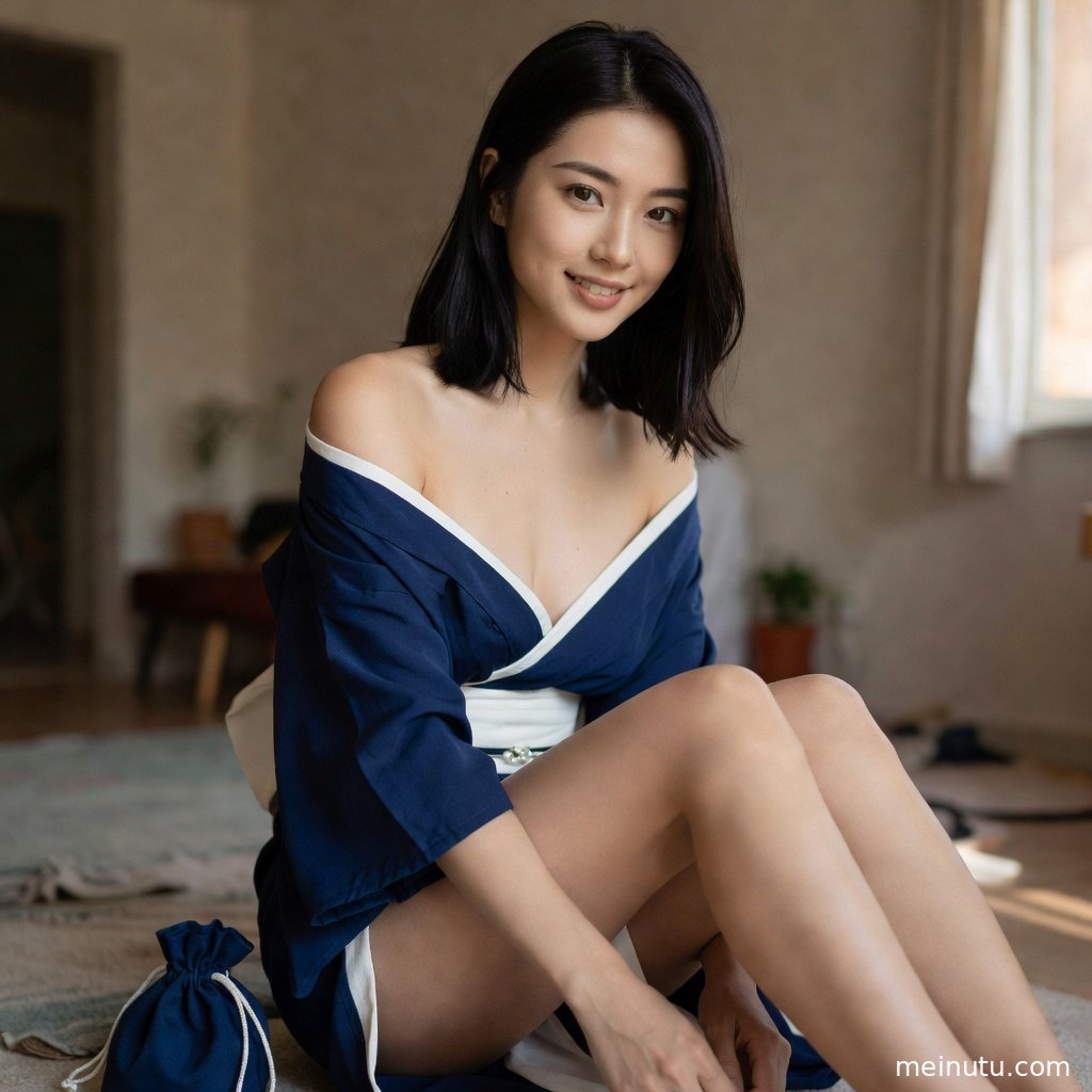 暖色侧光映照浴衣模特侧颜，柔和背景呈现清新和服写真质感。