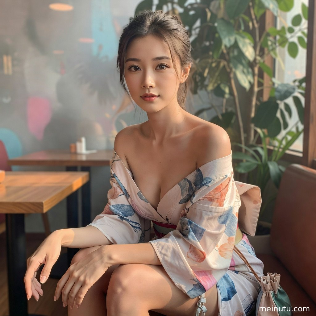 和服美女在花园花丛前回眸，柔暖光线勾勒发饰、袖摆与温柔神情。