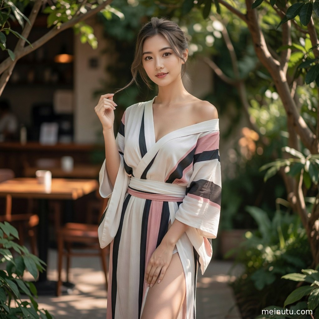 花园暖色侧光下的全身和服写真，突出腰带层次、自然姿态与高清质感。