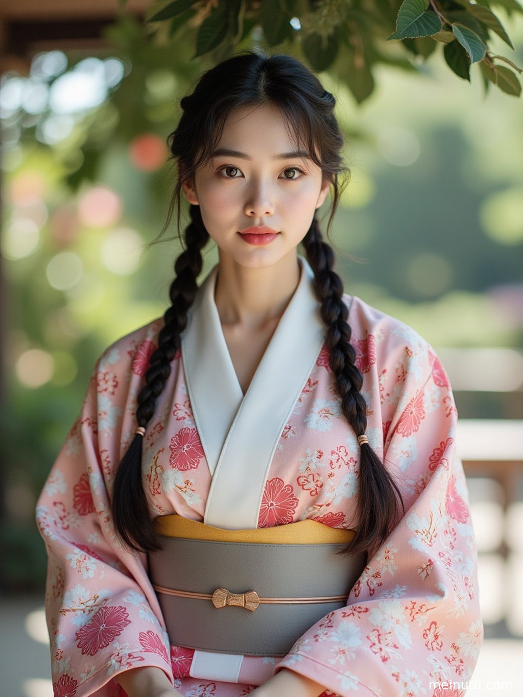 An adult woman wearing an elegant kimono gazing into the distance from a wooden railing in a traditional courtyard.