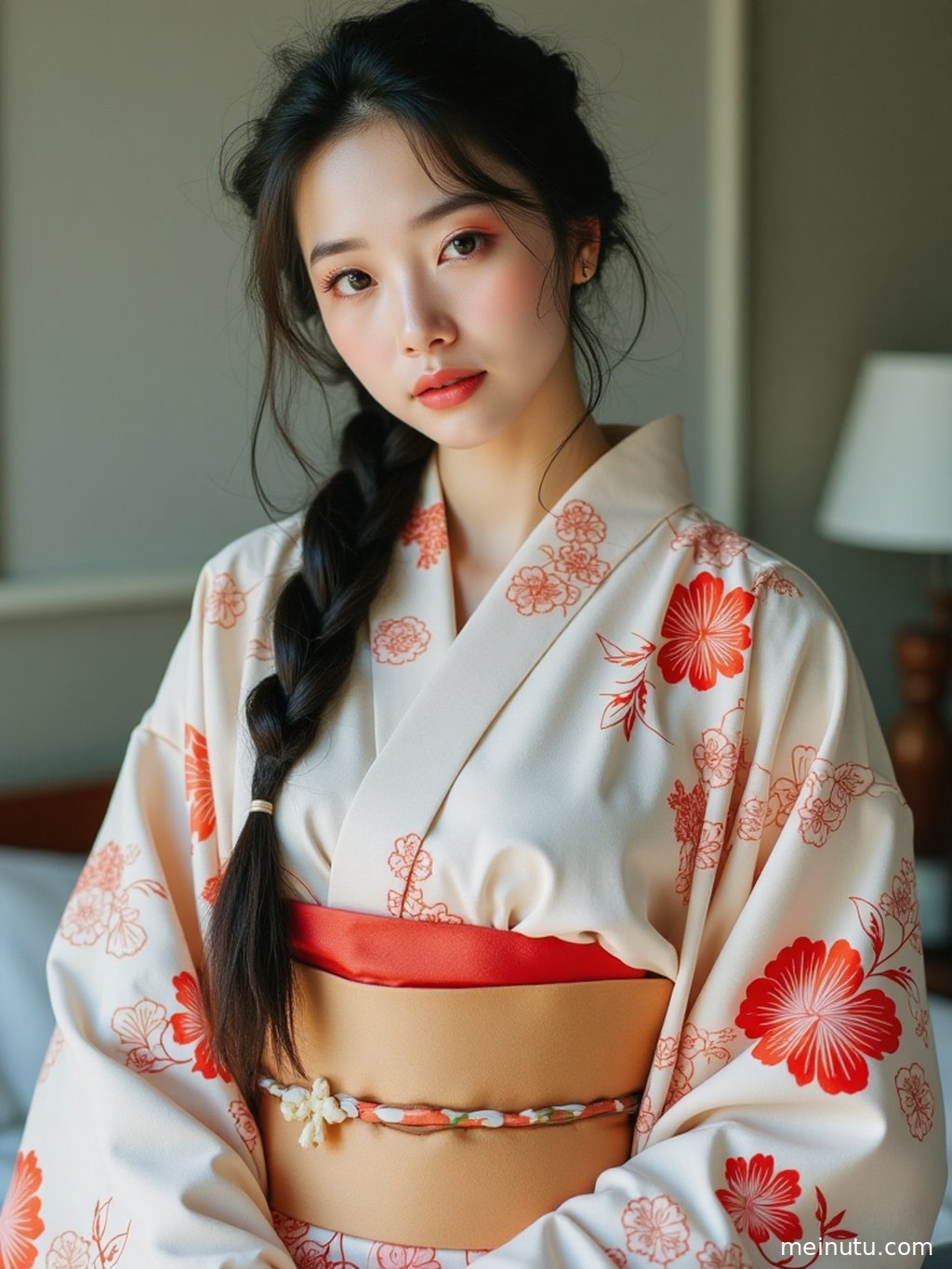 Soft sunlight filters through bamboo as an Asian adult woman in a kimono sits quietly on a stone bench.