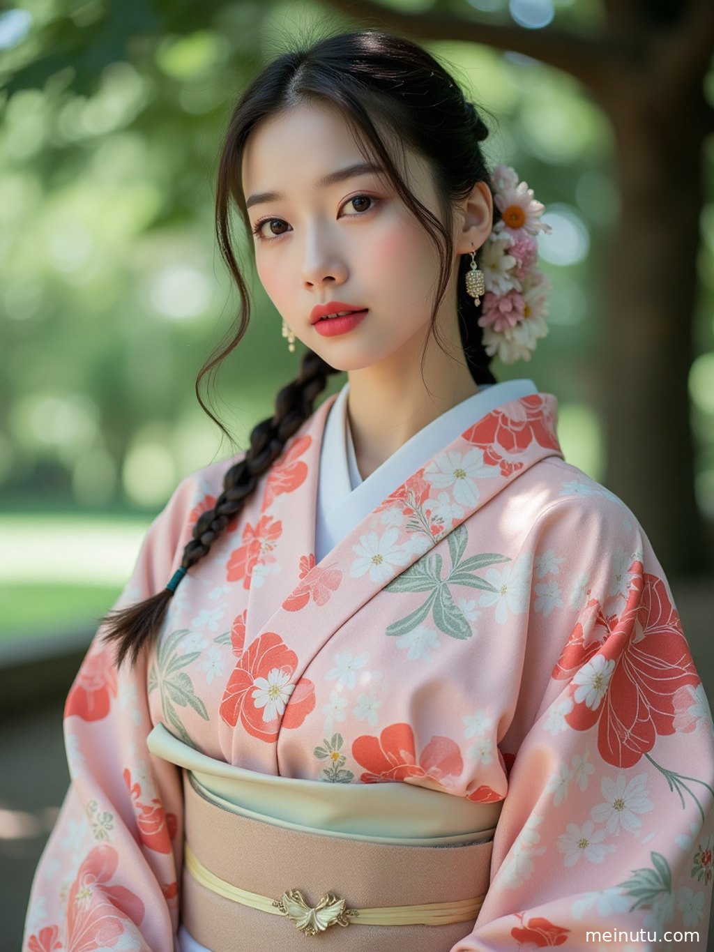 A kimono-clad adult woman standing beside a koi pond in a Japanese garden, watching the fish in the water.