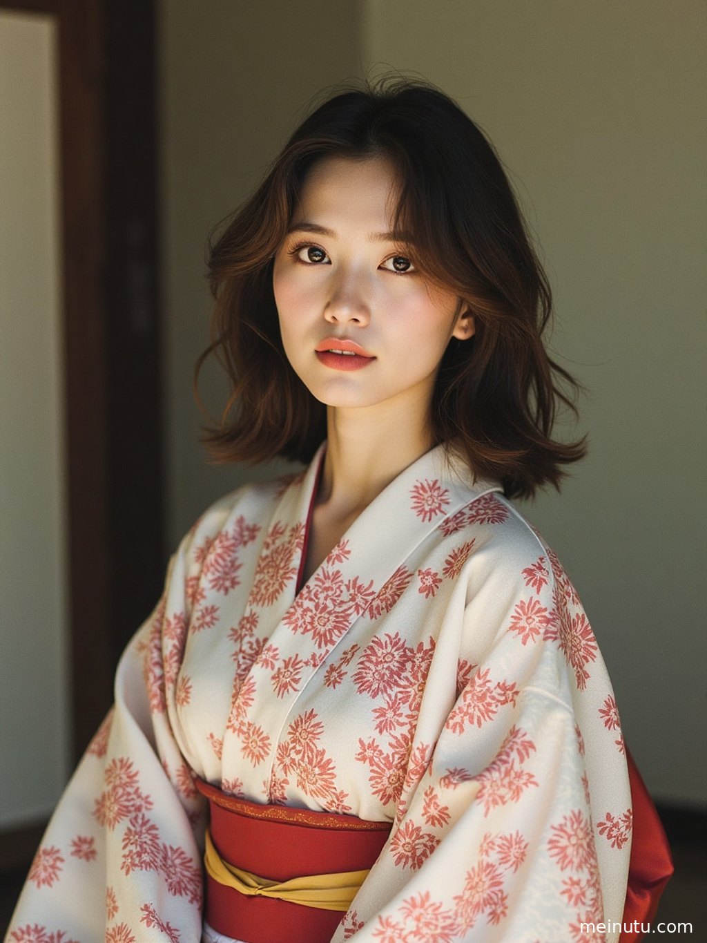 一位女性身穿素雅和服，在古朴的廊下回眸，眼神中流露着宁静。