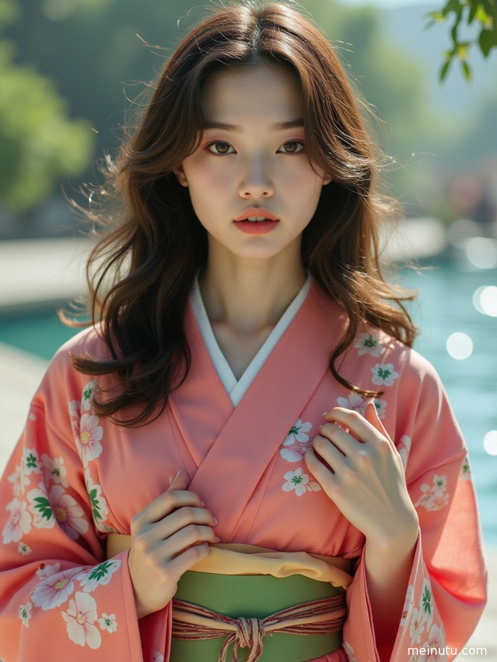 庭院中的枫叶与身着和服的女性构成一幅色彩斑斓的画面，充满诗意。