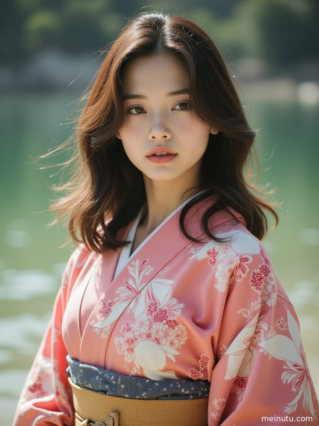 夕阳余晖洒落在庭院的石灯笼上，一位穿着和服的女性在其中静思。