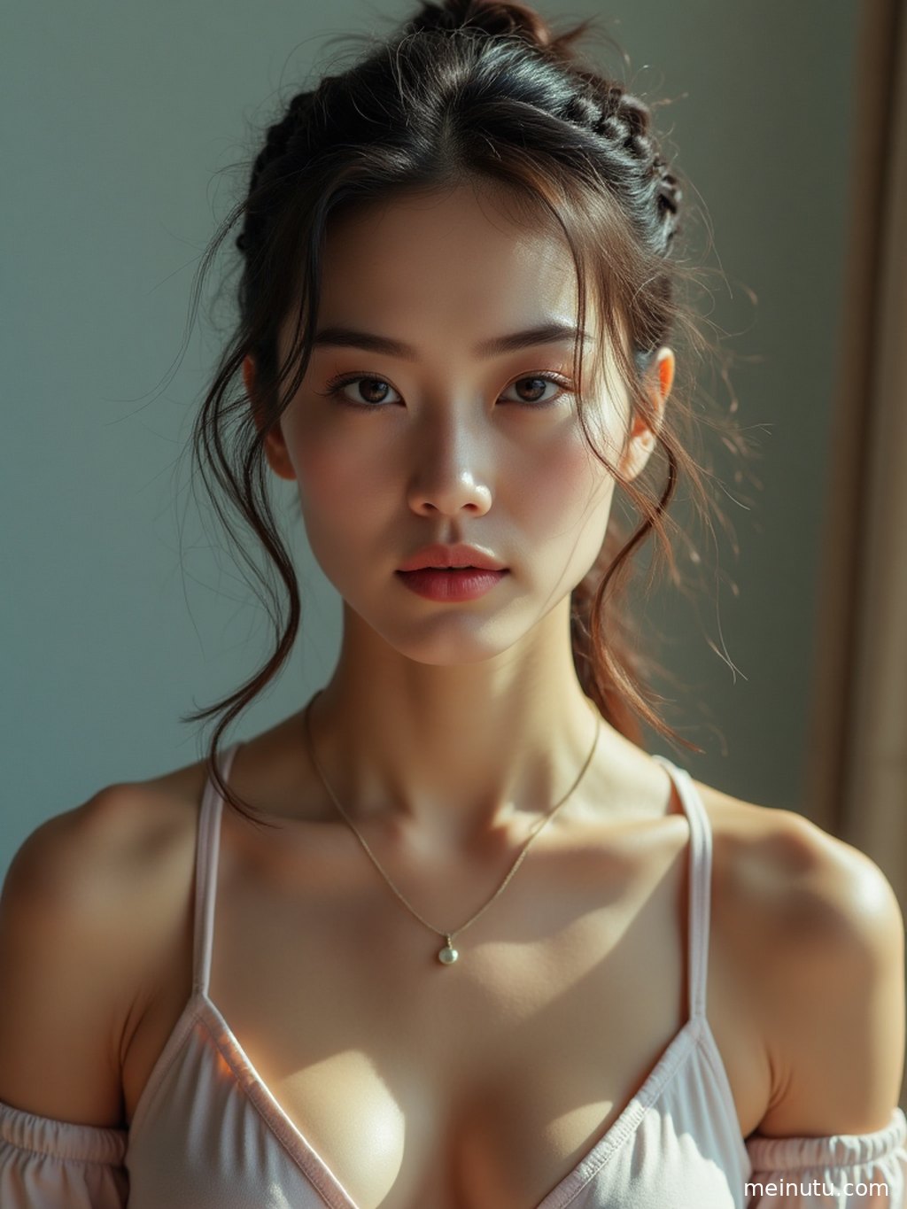 Adult asian woman in a natural light beach portrait with ocean waves in the background.