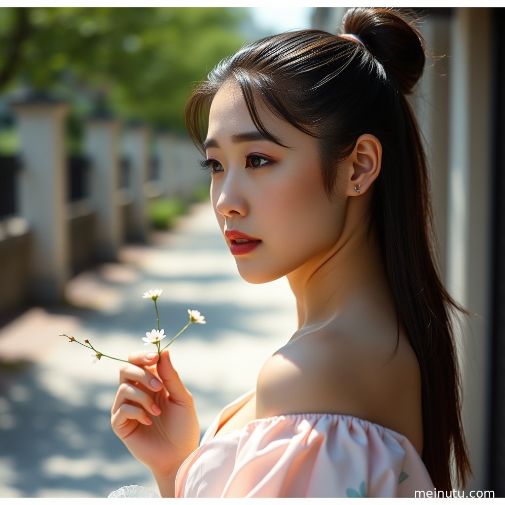Adult asian woman standing by a window as afternoon sunlight falls across her face with soft shadow patterns.