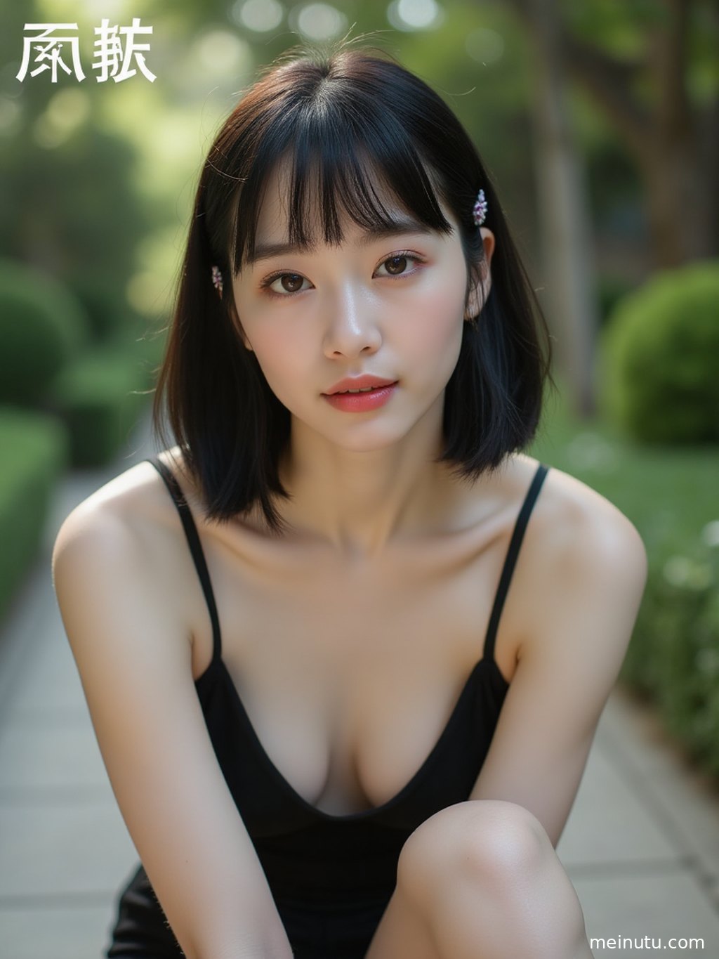 Cinematic portrait wallpaper of an adult asian woman with calm eyes, soft bokeh background, and elegant daylight tones.