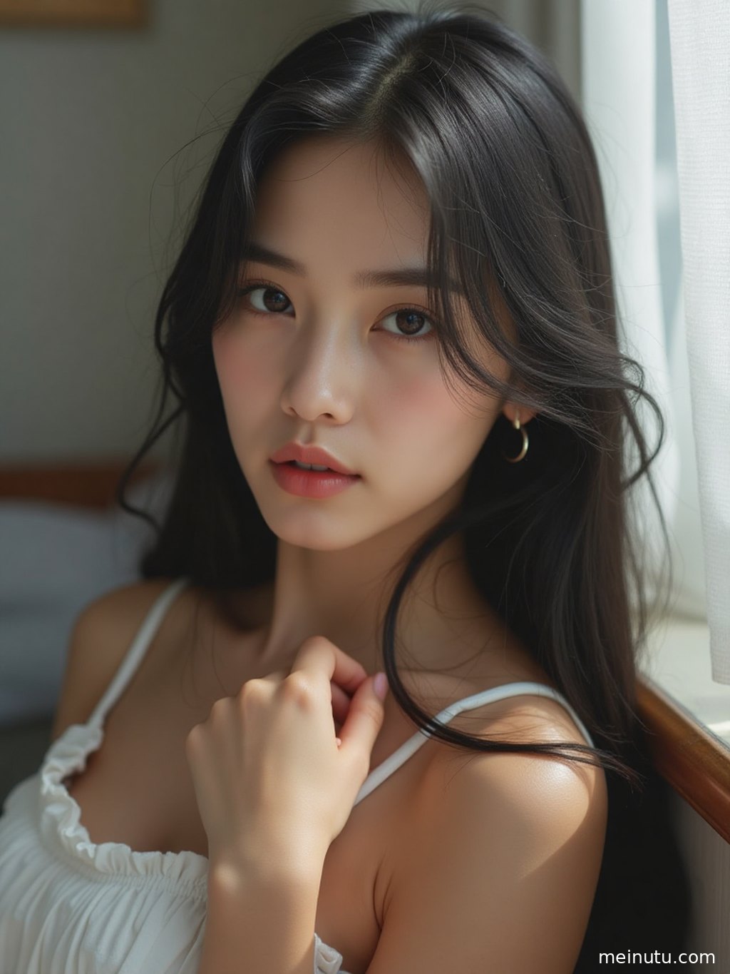 Soft indoor backlight portrait of an adult Asian woman with a calm expression, styled as high-resolution beautiful woman wallpaper.