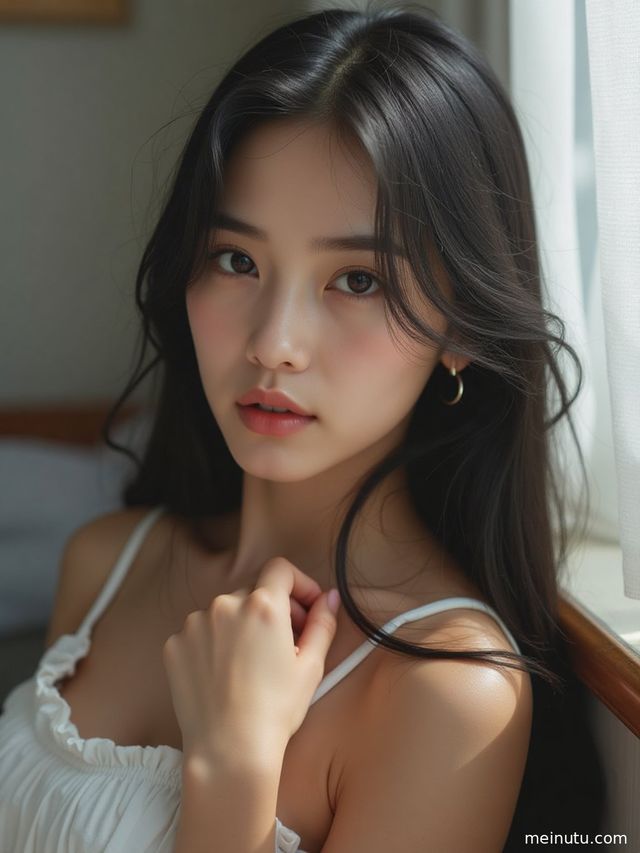 室内柔光下，一位女性在柔和逆光中展现迷人侧颜，高清半身写真。