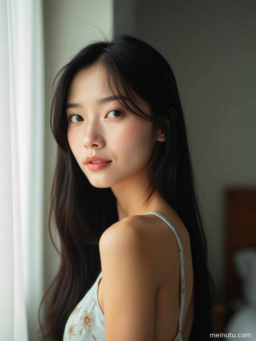 High-definition asian girl photos style portrait featuring soft eyes, gentle shadows, and a peaceful indoor atmosphere.