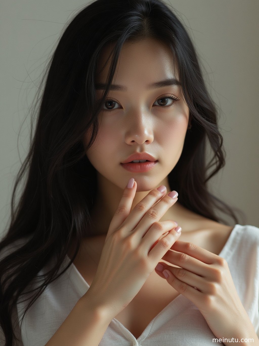 Aesthetic girl wallpaper with an adult Asian woman in soft backlight, refined facial contours, and warm cinematic tones.