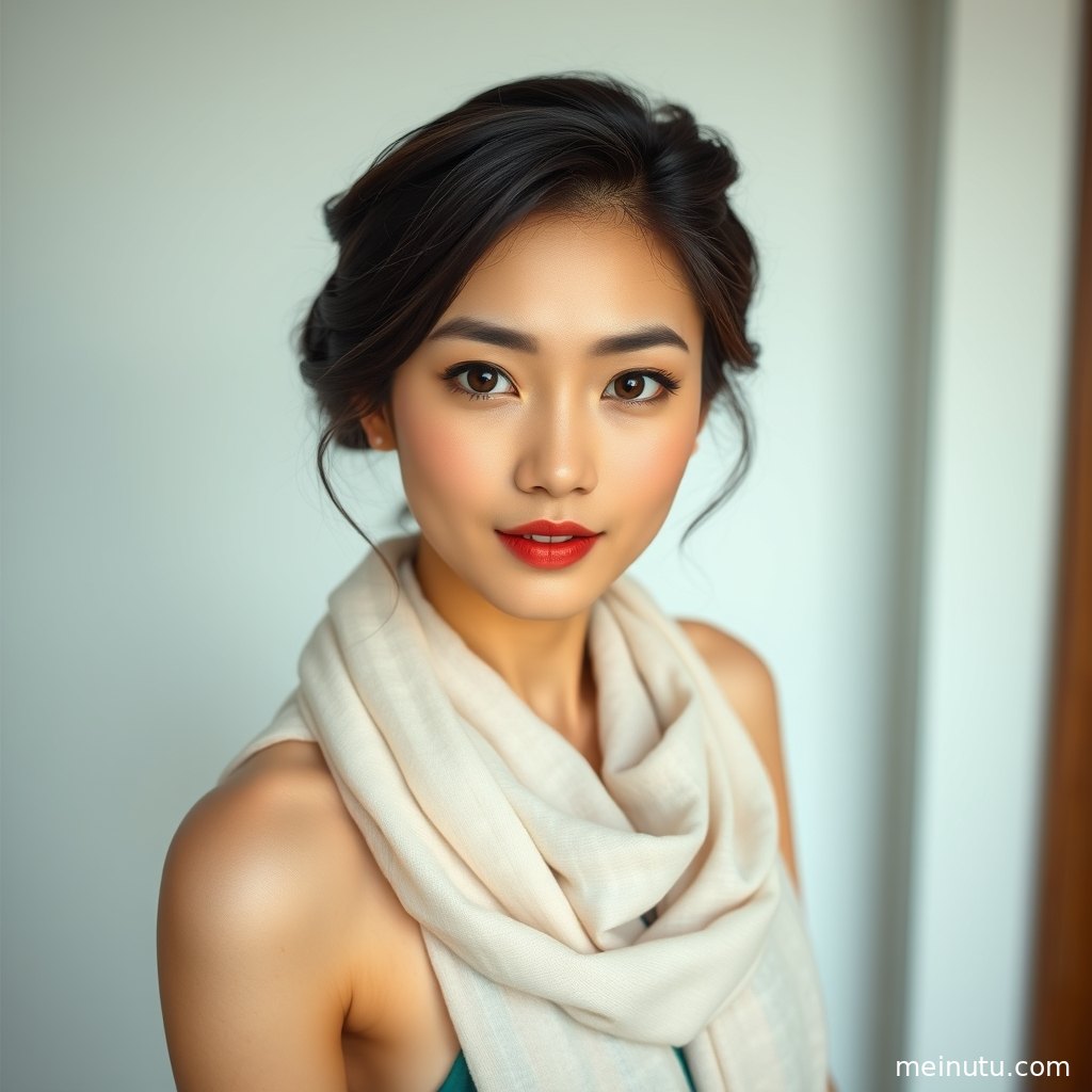 低角度拍摄的年轻成年女性写真，室内暖光与柔和背景适合手机壁纸。
