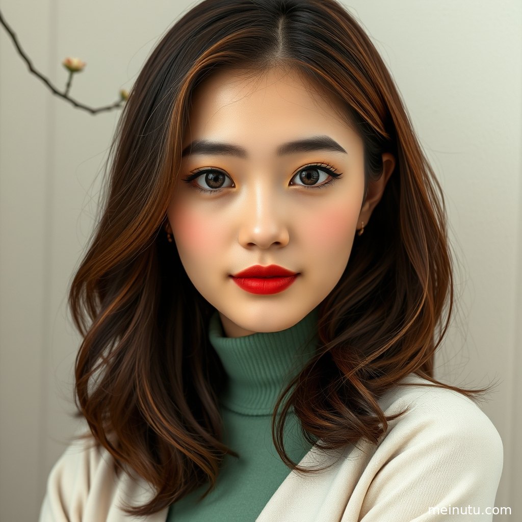 黄昏阴天漫射光下的年轻成年女性俯拍美女壁纸，灰蓝背景柔和宁静。