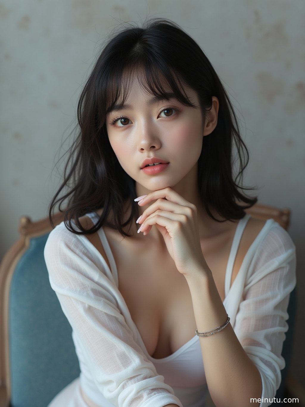 High-resolution natural light portrait of an Asian adult woman with a calm minimalist mood.