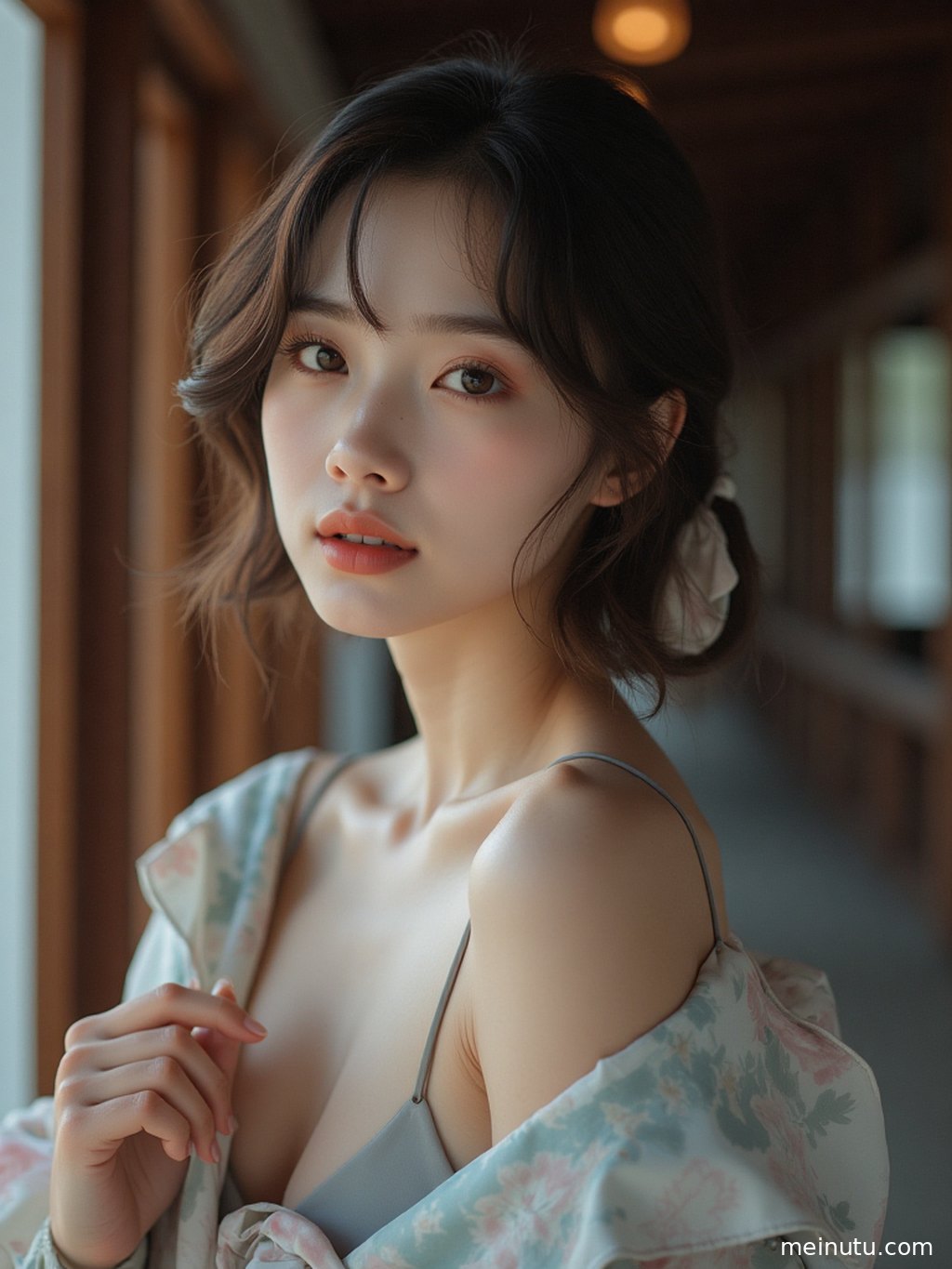 Side-profile portrait of an adult asian woman softly lit by gentle highlights, with an elegant expression and fresh outdoor atmosphere.