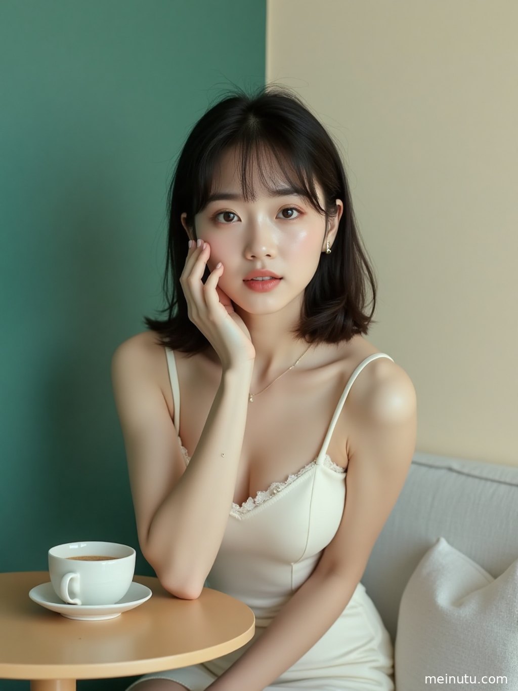 Aesthetic girl wallpaper for desktop use, showing an adult Asian woman in a warm indoor scene shaped by natural light.