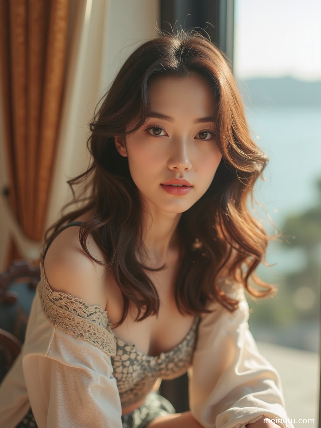 High-resolution desktop wallpaper of an adult Asian woman in profile, with natural light outlining her graceful silhouette.