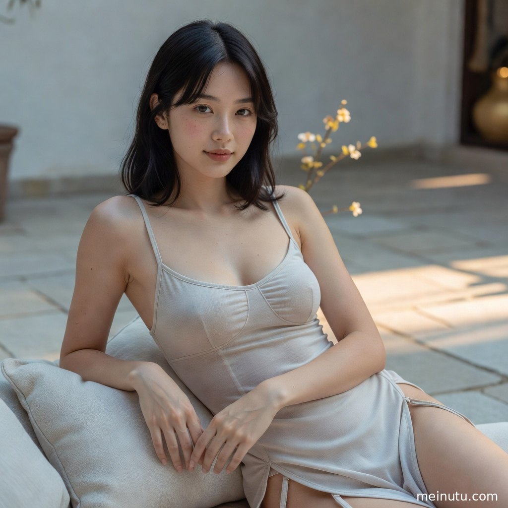 年轻成年女性倚坐庭院角落，暖光与自然景致构成清新护眼桌面壁纸。