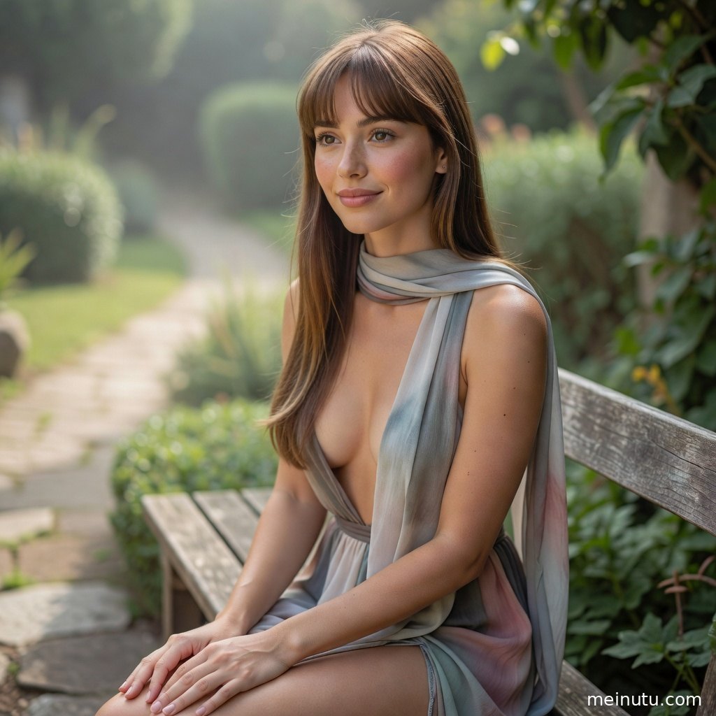 浅色裙装成年女性在庭院廊架旁回眸，柔光与花影适合4K美女壁纸收藏。