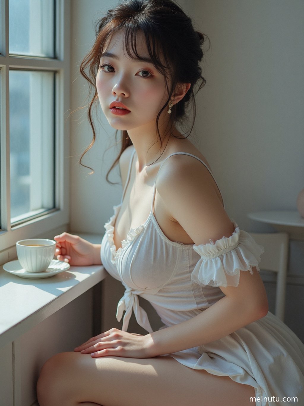 An adult asian woman rests beside a window as afternoon sunlight creates cinematic shadows across her face.