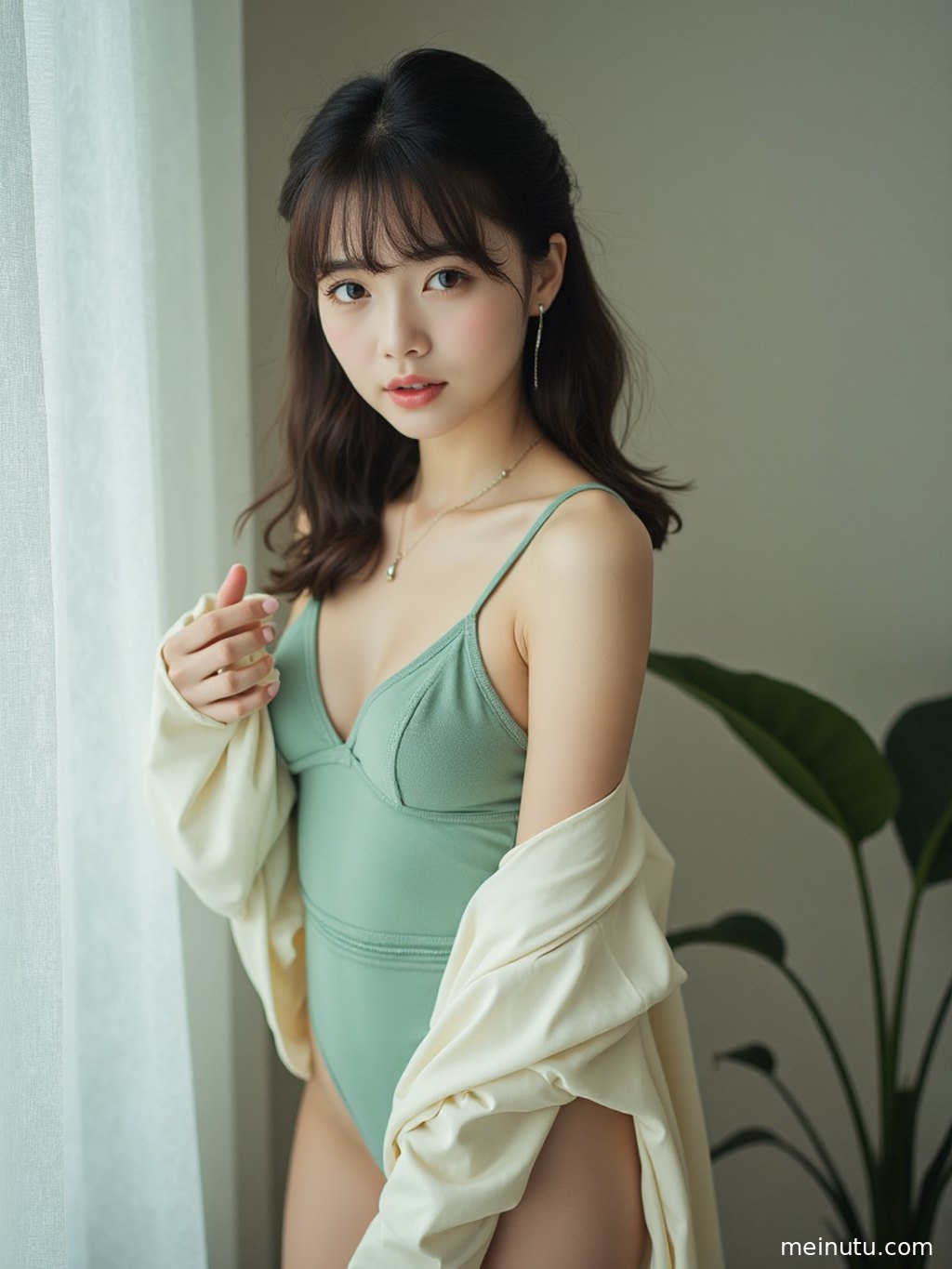 Soft indoor light and the view beyond the window frame an elegant side profile of an adult woman.
