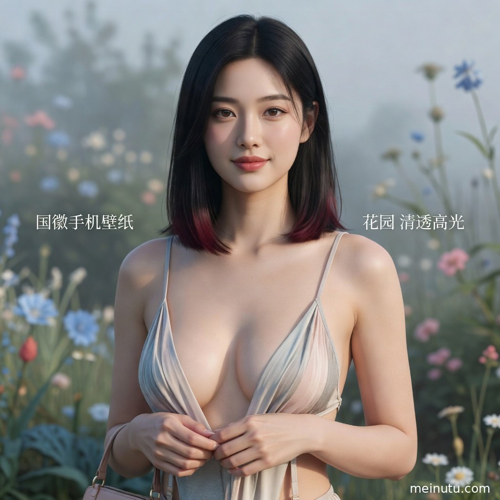 绿意花园背景下的成年女性写真，国徽手机壁纸风格端庄明亮。