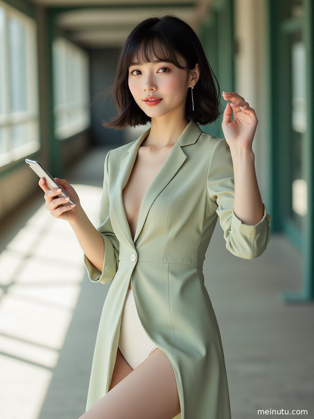 An adult asian woman in elegant clothing looks back in a sun-dappled garden with clear, expressive eyes.