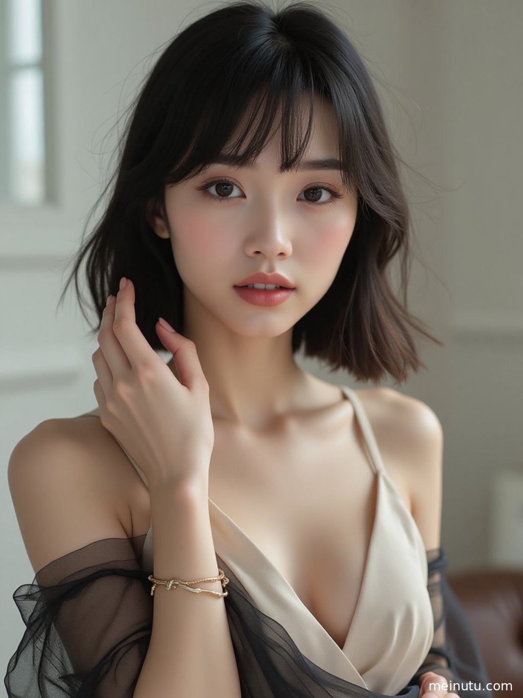Cinematic light outlines the side profile of an adult asian woman against a softly blurred garden background.