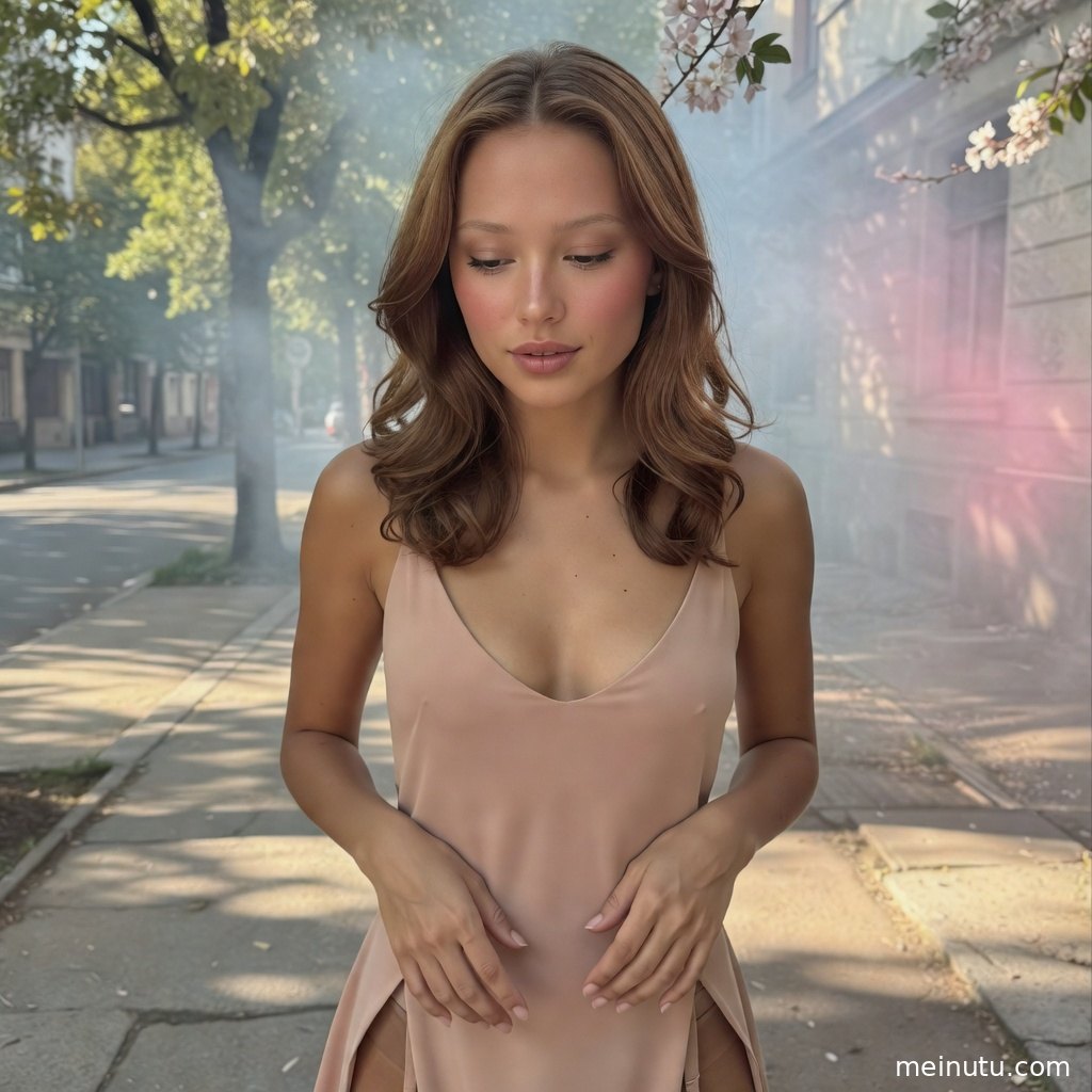 棕发模特身穿简约上衣站在浅色背景前，呈现高清美女壁纸质感。
