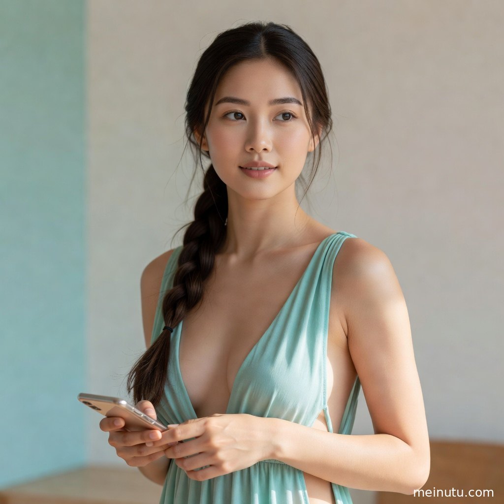 纯净棚拍背景中的成年女子侧身回望，适合手机壁纸美女收藏。