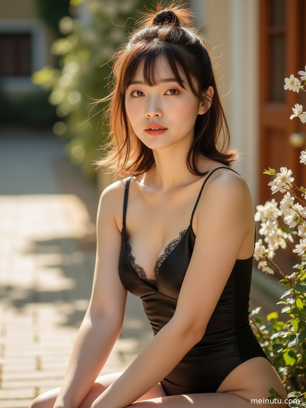 An adult asian woman posing in soft dusk diffused light with a calm sky in the background.