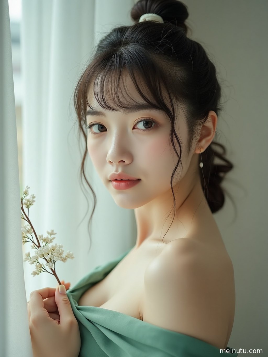 High-definition beautiful woman wallpaper capturing a peaceful moment in gentle twilight shadows.
