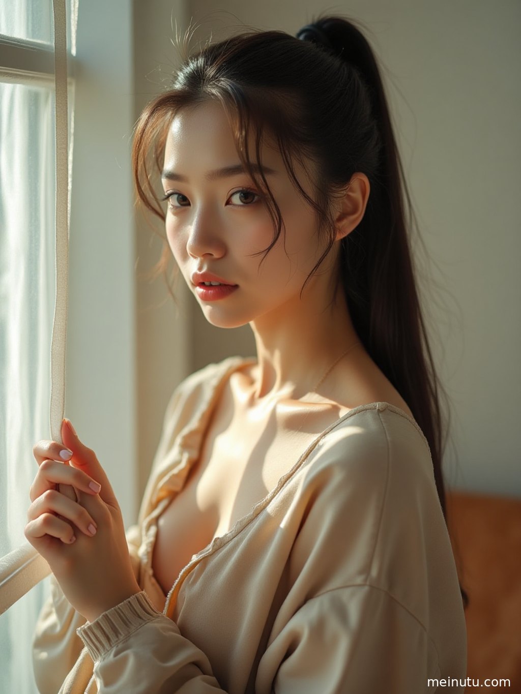 An adult asian woman in elegant clothing poses in a sunlit courtyard, shown in a high-definition half-body portrait.