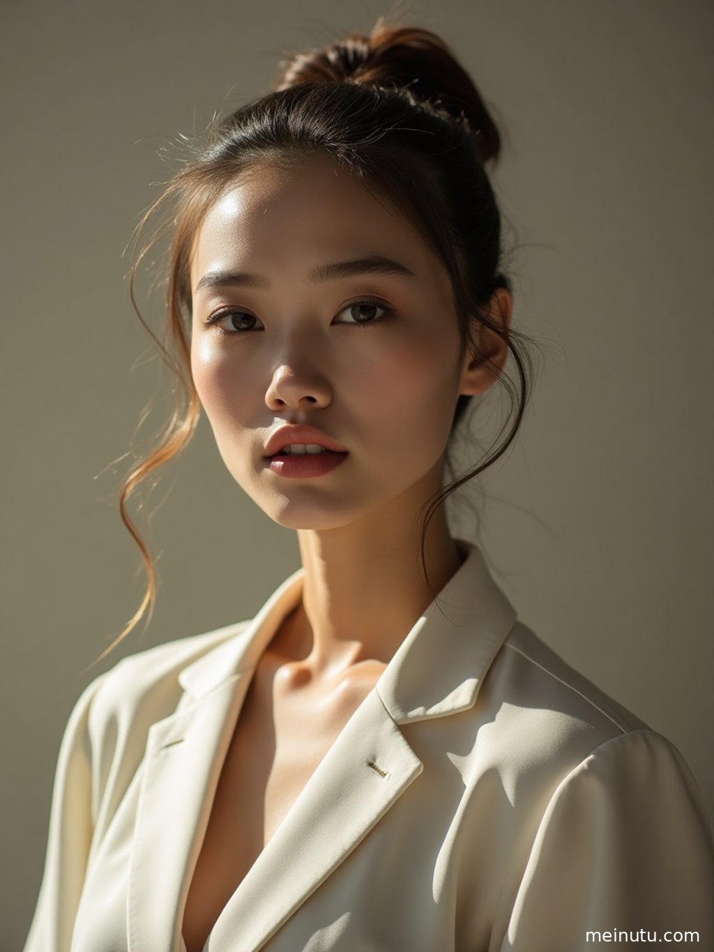 A widescreen courtyard portrait of an adult asian model under afternoon sunlight, with clear clothing details and layered shadows.
